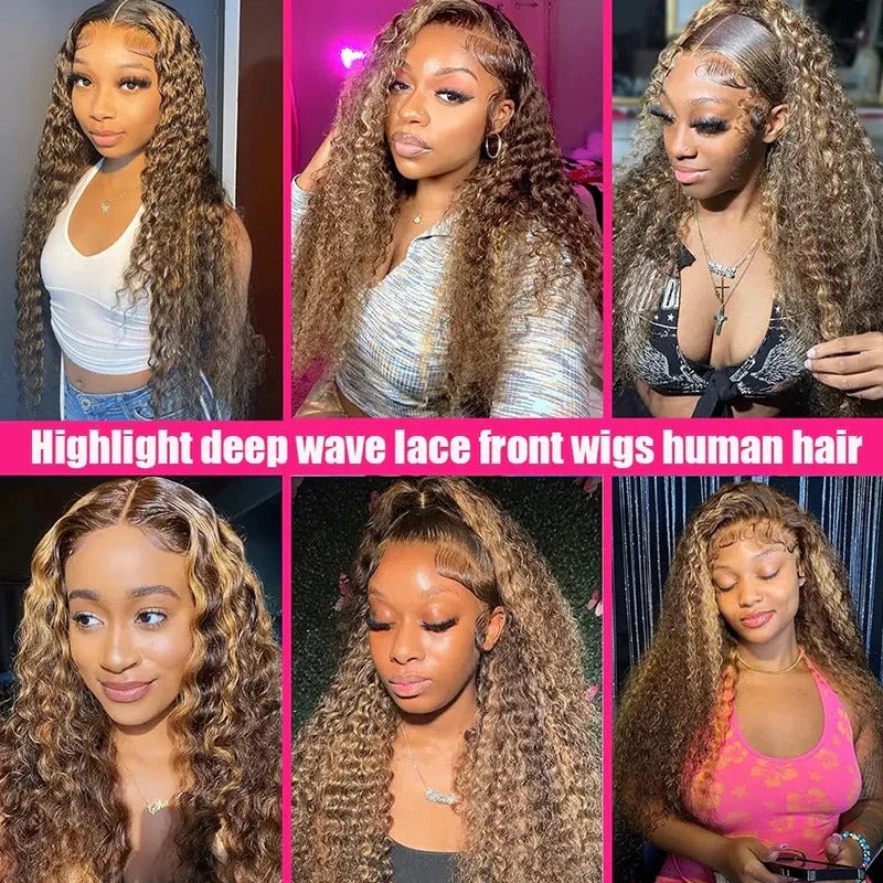 13x4 Deep Wave Lace Front Wig Piano Brown Highlight human Hair