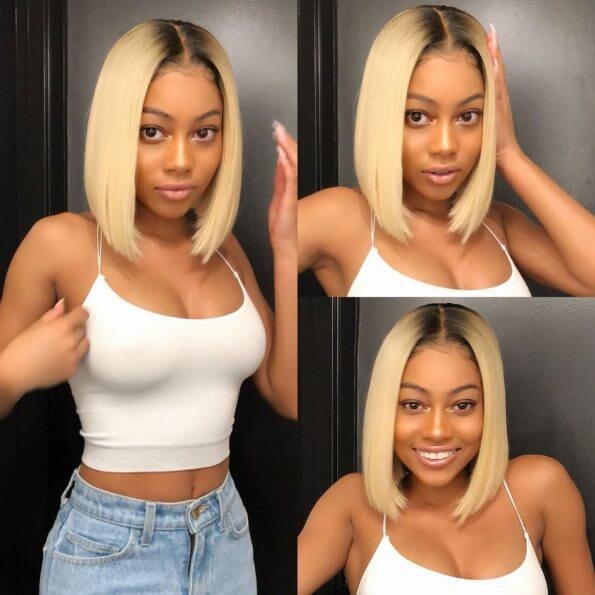 1B/613 Blonde Straight Short Bob Wigs With Dark Roots Human Hair