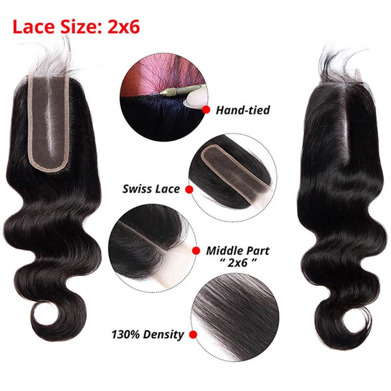 Body Wave Hair 2x6 Lace Closure Middle Part Human Hair