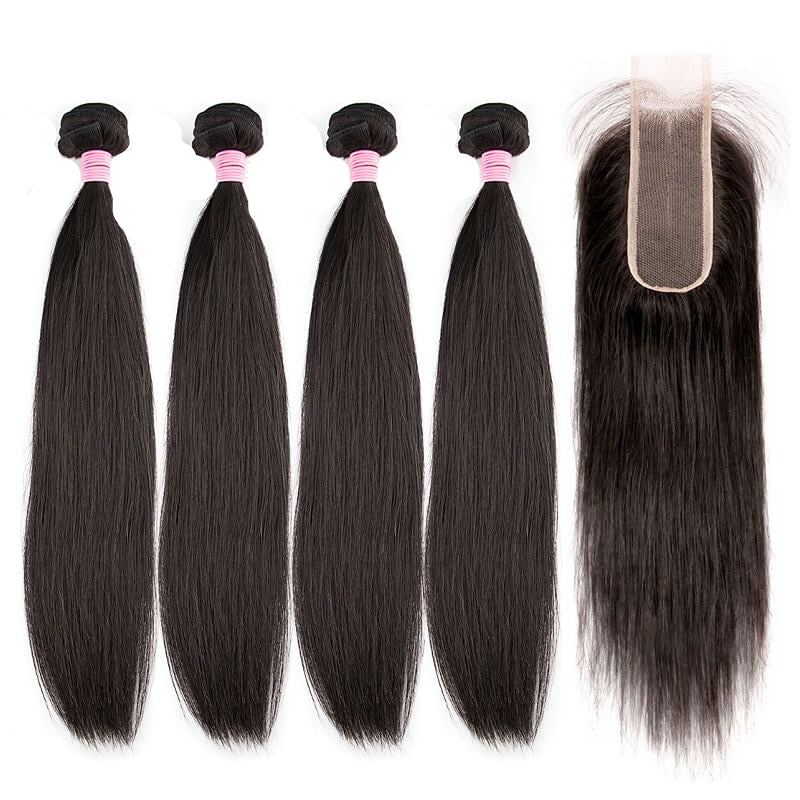Cheap Brazilian Straight 4 Hair Bundle Deals With 2X6 Closure