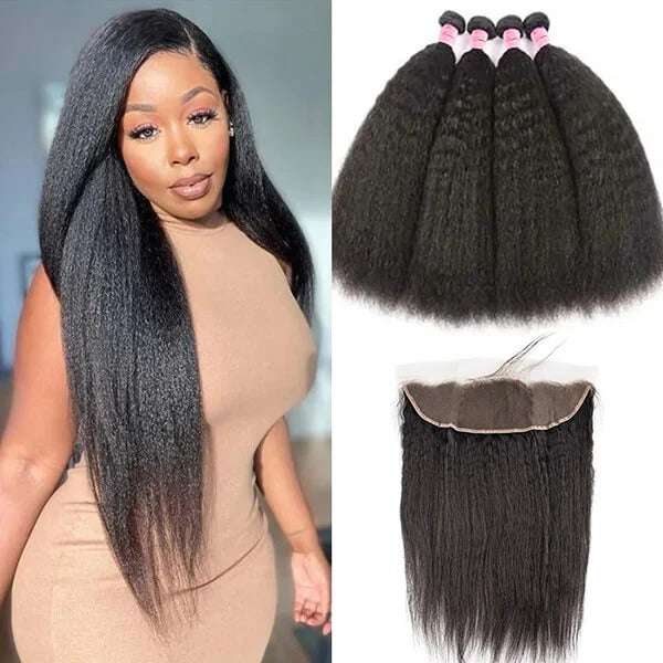 100 Human Hair 4 Bundles With Kinky Straight 13x4 Lace Frontal