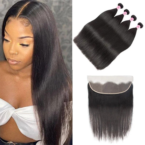 Unprocessed 4 Straight Human Hair Bundles With 13x4 Frontal