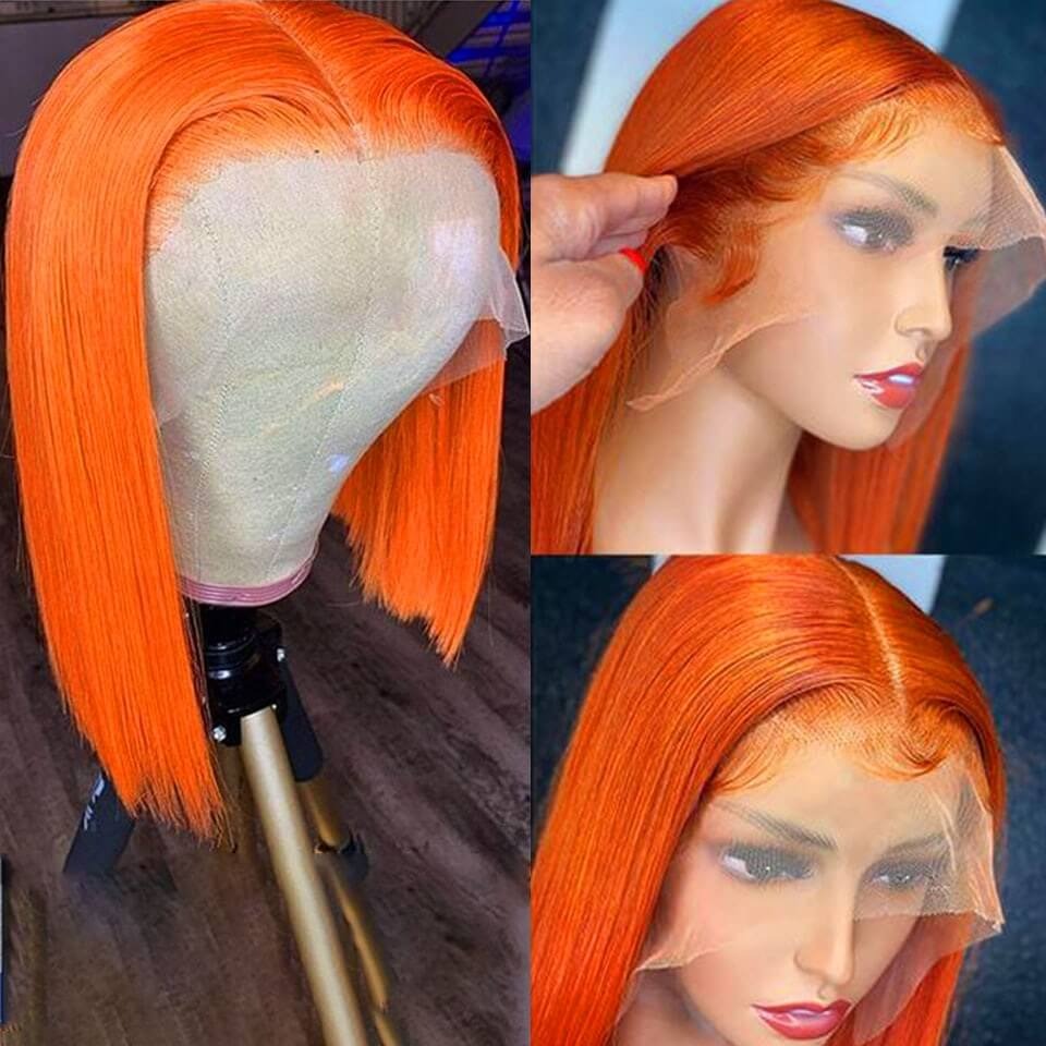 Straight Human Hair Bob Wig Ginger Color Pre Plucked for women