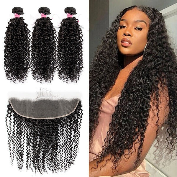 13x4 Lace Frontal With 3 Pcs Jerry Curl Hair Weave Deal