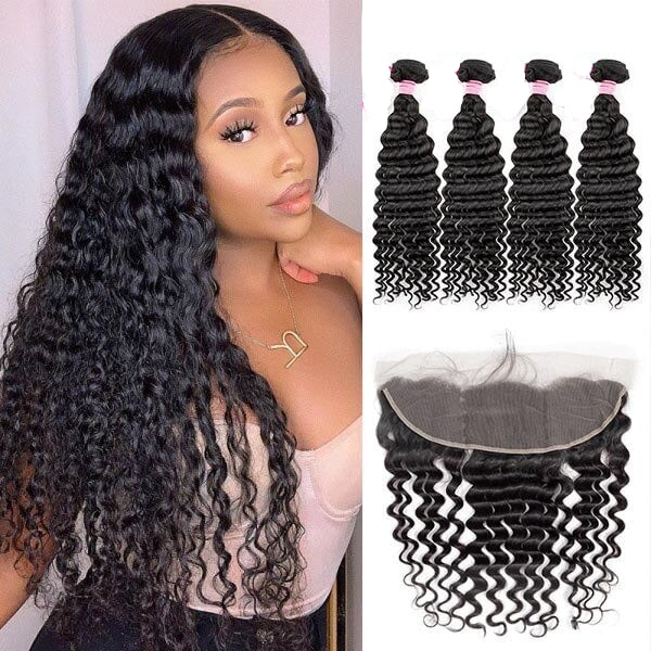 13x4 Lace Frontal Deep Wave With Best 4 Pcs Hair Weave To Buy