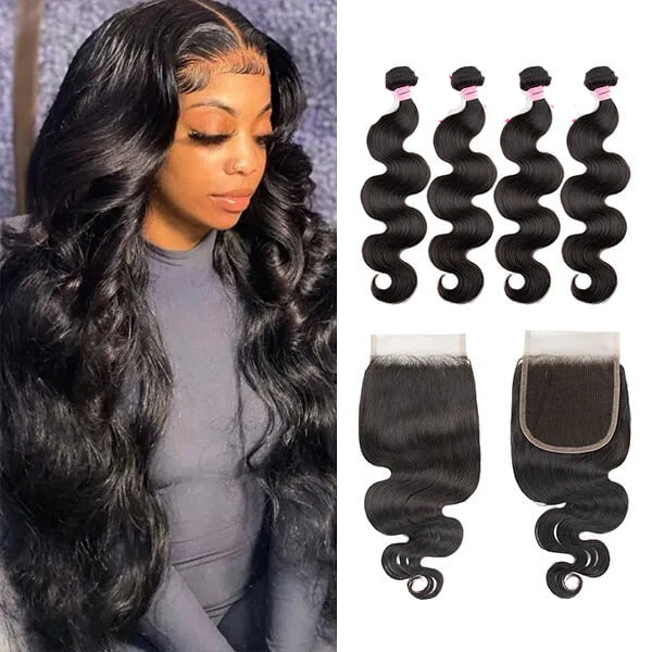 4 Body Wave 100 Human Hair Bundles Deals With 5x5 Closure