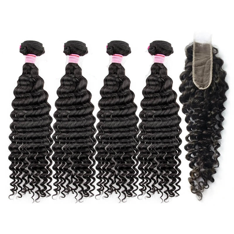 Cambodian Deep Wave All Virgin 4 Hair Bundle Deals With 2X6 Closure