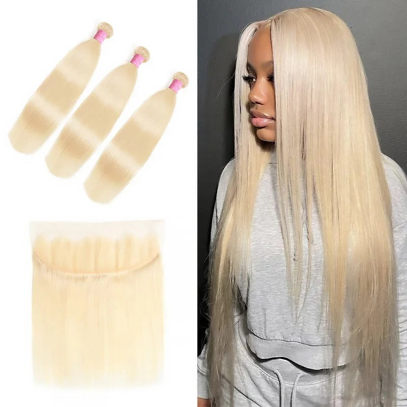 Straight Virgin Hair 613 Color 13*4 Lace Frontal With 3 Bundles Weave