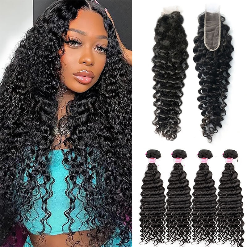 Cambodian Deep Wave All Virgin 4 Hair Bundle Deals With 2X6 Closure