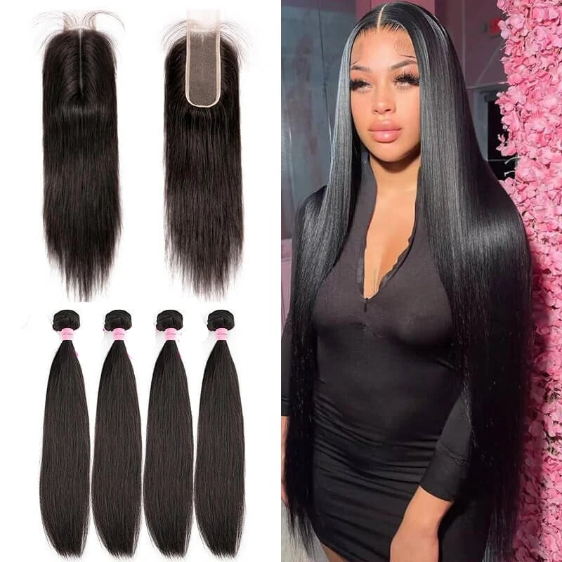 Cheap Brazilian Straight 4 Hair Bundle Deals With 2X6 Closure