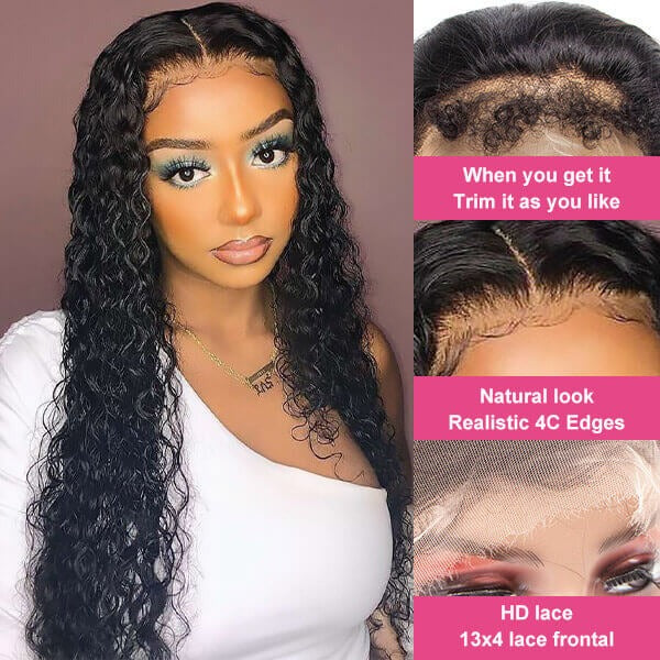 4C Edges 13X4 Human Hair Deep Wave Free Part Wig With Hd Lace