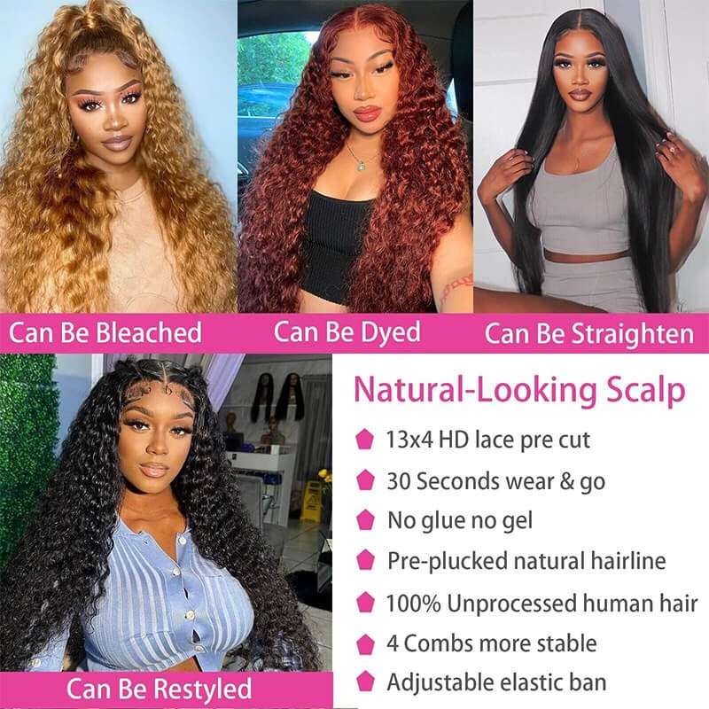 Deep Wave Wear Go Lace Front Wigs Pre-Plucked Glueless Wig with 13x4 HD