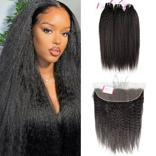 100 Human Hair 4 Bundles With Kinky Straight 13x4 Lace Frontal