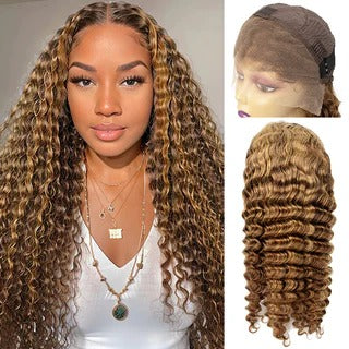 13x4 Deep Wave Lace Front Wig Piano Brown Highlight human Hair