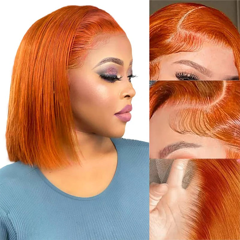 Straight Human Hair Bob Wig Ginger Color Pre Plucked for women