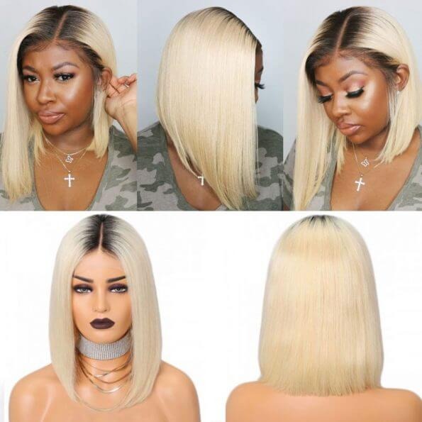 1B/613 Blonde Straight Short Bob Wigs With Dark Roots Human Hair