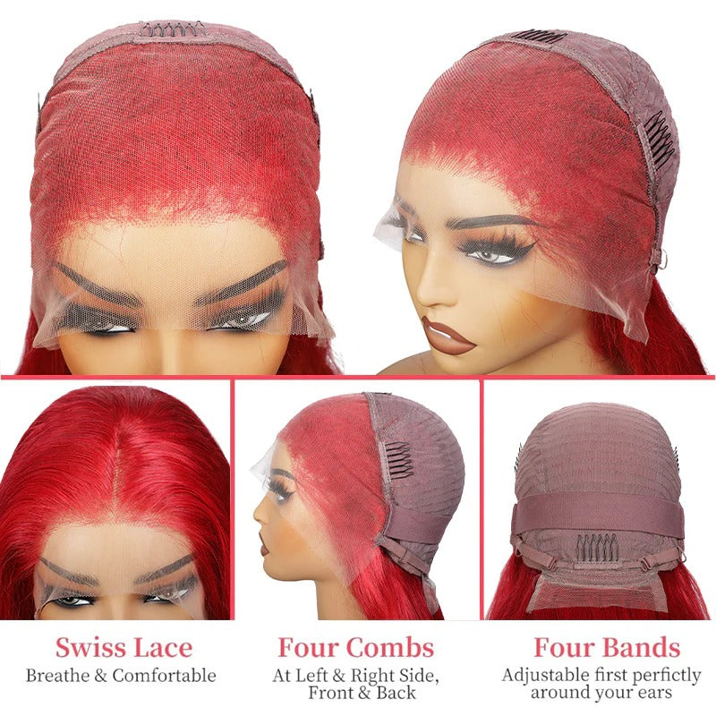 Burgundy Lace Front Wig Straight Human Hair with 180% Density