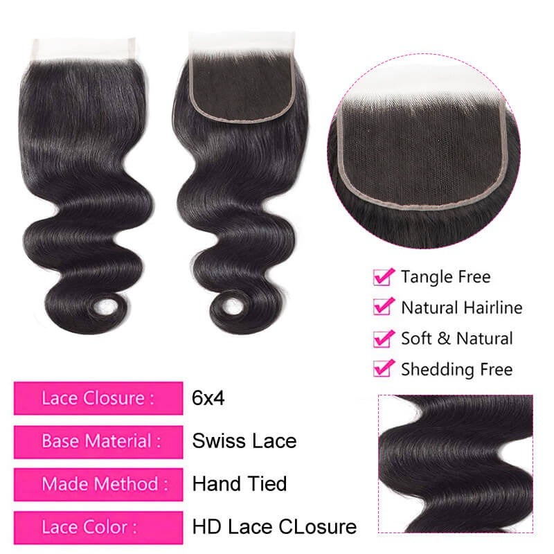 Body wave 6*4 Lace HD Closure Natural Color Human Hair