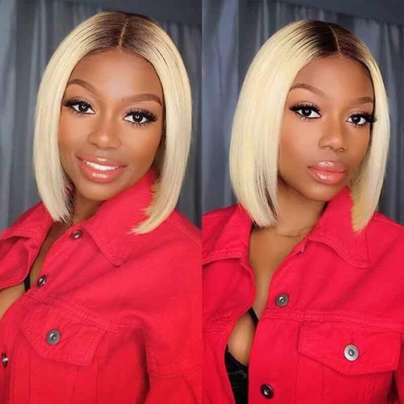 1B/613 Blonde Straight Short Bob Wigs With Dark Roots Human Hair