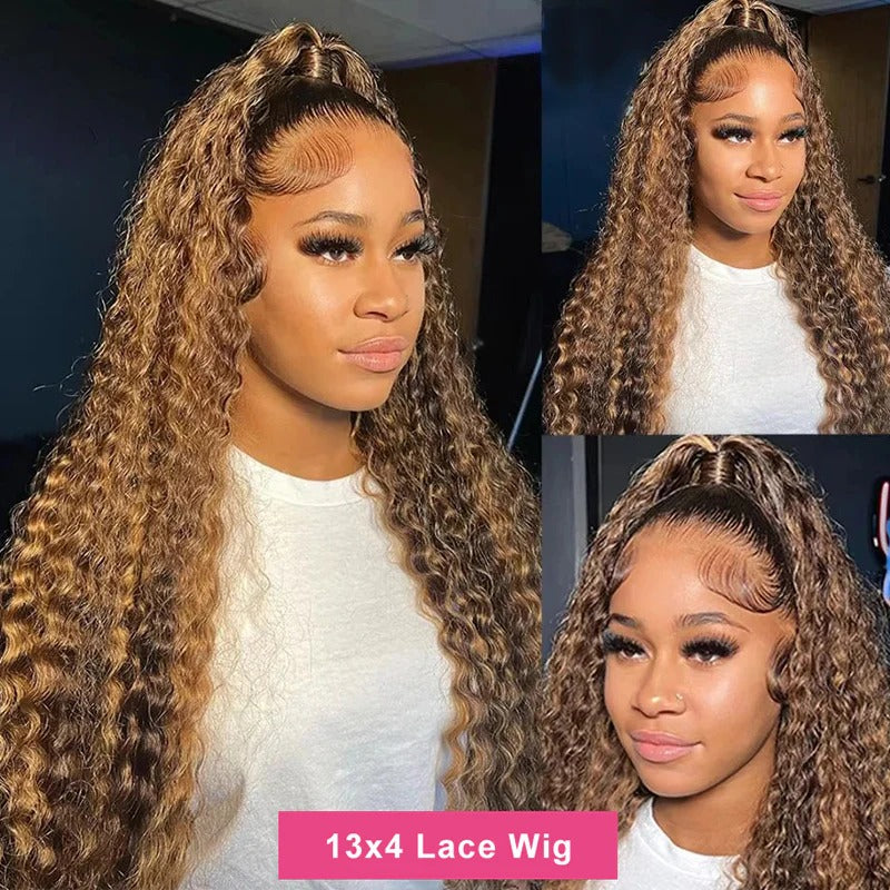 13x4 Deep Wave Lace Front Wig Piano Brown Highlight human Hair